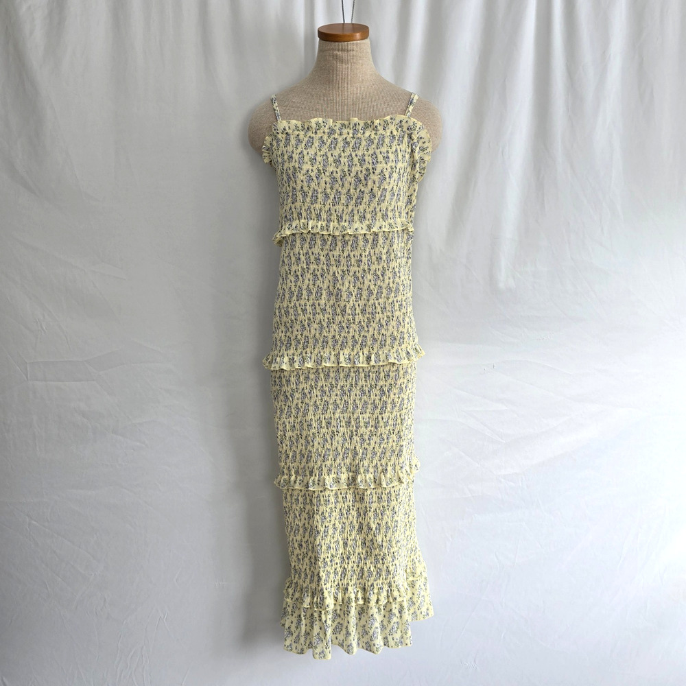 Mable Esme Sleeveless Tiered Ruffle Dress Women's L Yellow Purple Floral Midi